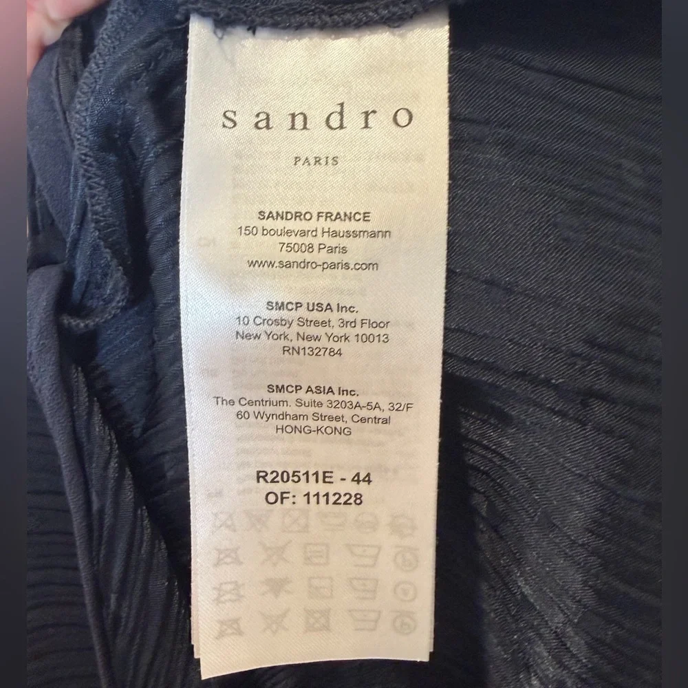 Sandro Paris Navy Swiss Dot Pleated Midi Shirt Dress Scallop Yoke 12 - Picture 15 of 15
